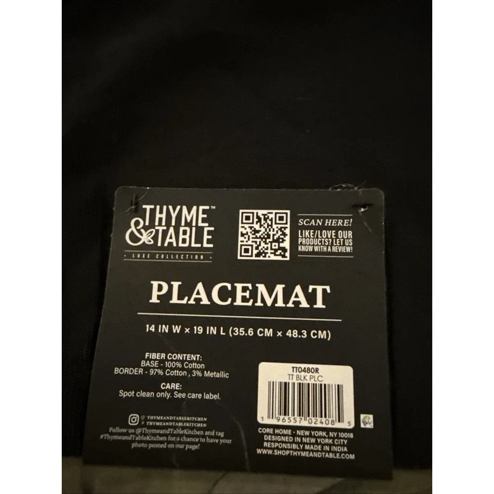 Thyme & Table Black Beige Cotton Metallic Rectangular Placemats 14x19in Set of 3